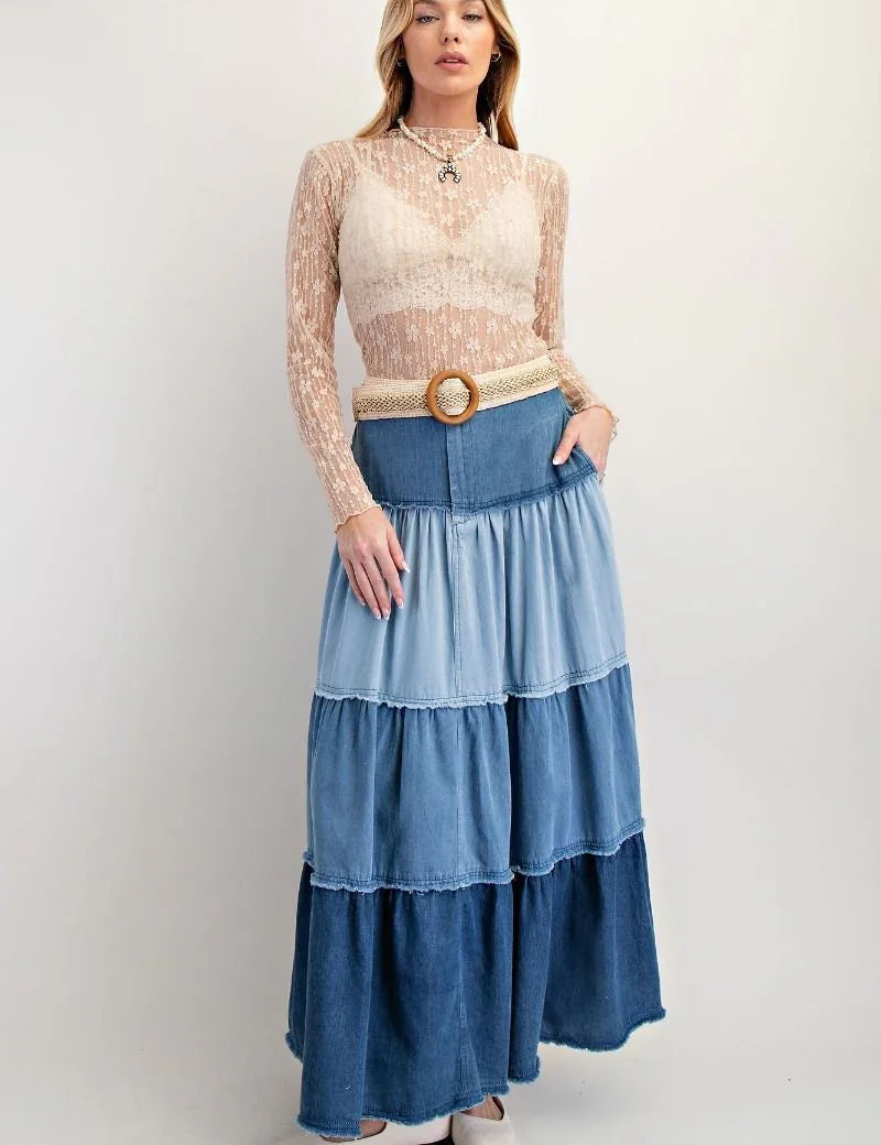EASEL Tiered Mix Denim Maxi Skirt on Simply Obsessed