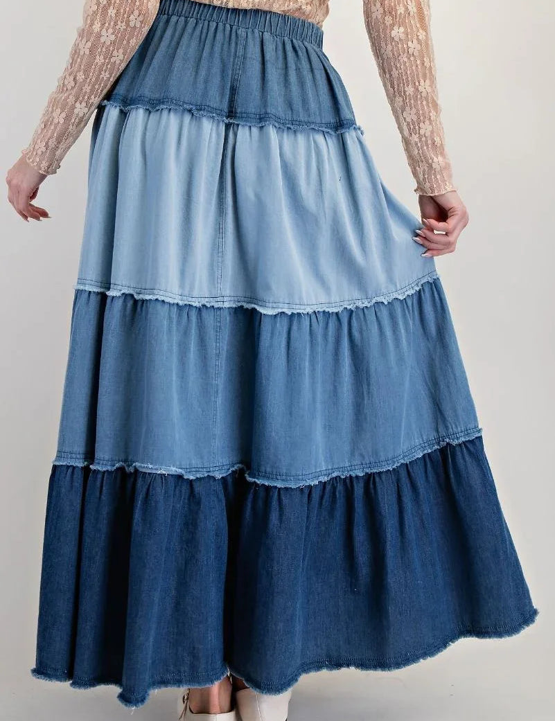 EASEL Tiered Mix Denim Maxi Skirt on Simply Obsessed