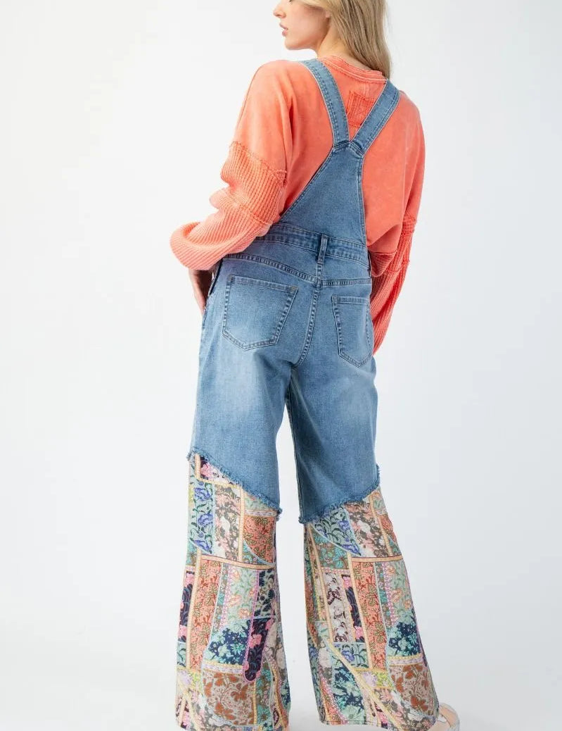 EASEL Washed Print Bottom Denim Overall Pants - WASHED DENIM on Simply Obsessed