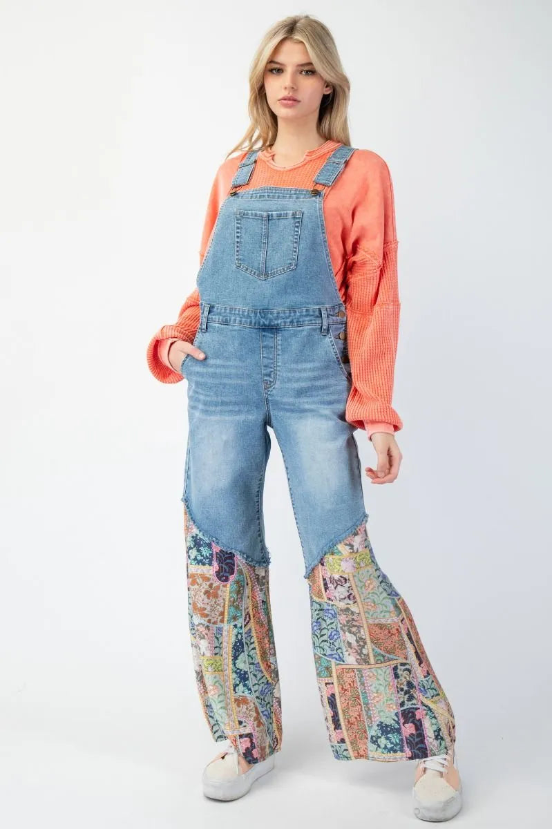 EASEL Washed Print Bottom Denim Overall Pants - WASHED DENIM on Simply Obsessed