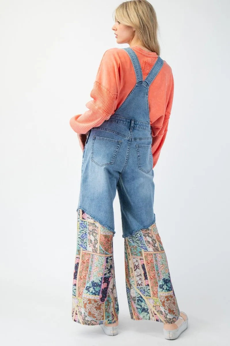 EASEL Washed Print Bottom Denim Overall Pants - WASHED DENIM on Simply Obsessed