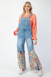 EASEL Washed Print Bottom Denim Overall Pants - WASHED DENIM on Simply Obsessed