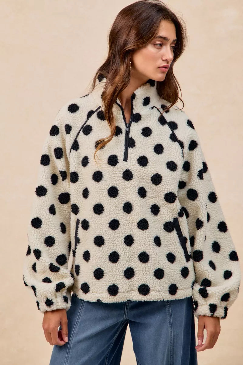 BIBI Polka Dot Sherpa Half Zip Up Top with Side Pocket on Simply Obsessed