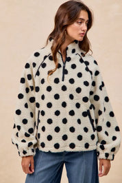 BIBI Polka Dot Sherpa Half Zip Up Top with Side Pocket on Simply Obsessed