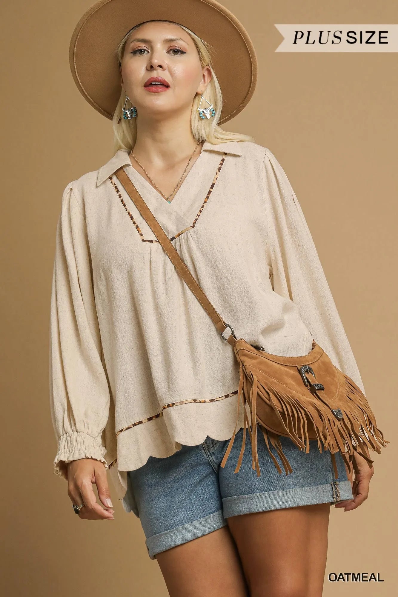 UMGEE Full Size Linen Scallop Hem Blouse with Contrast Trim Plus Size on Simply Obsessed