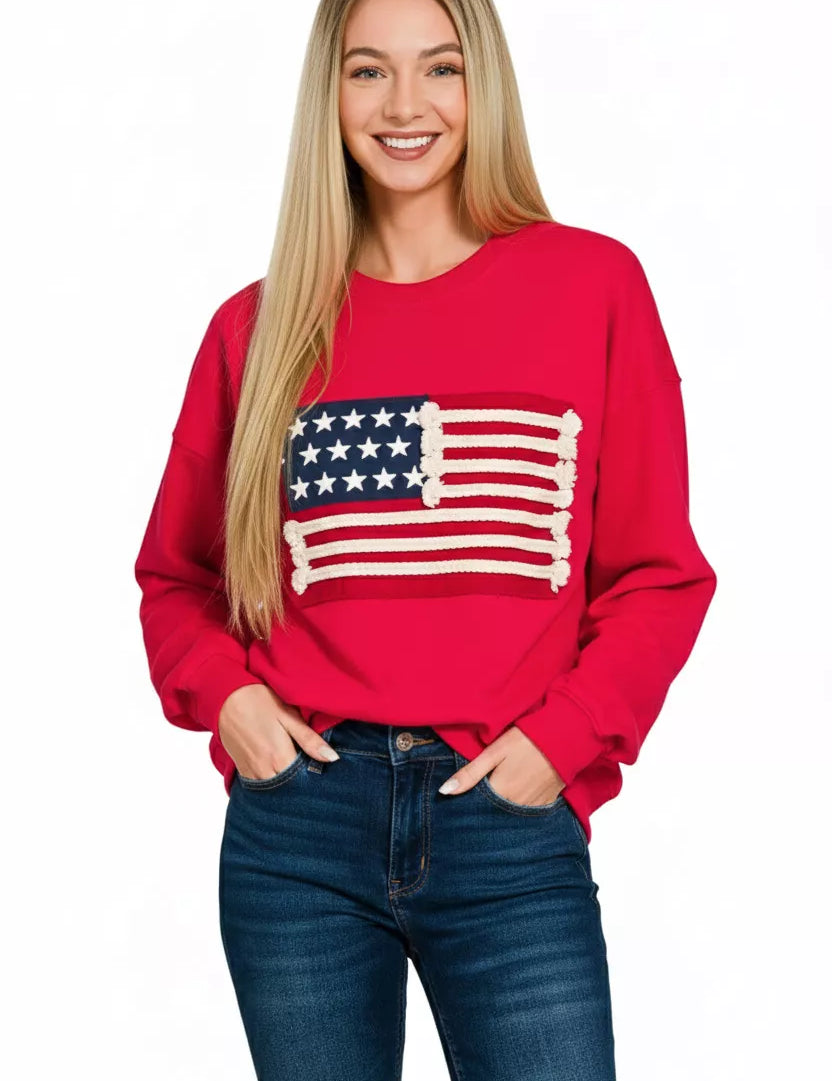 ZENANA French Terry American Flag Pullover on Simply Obsessed