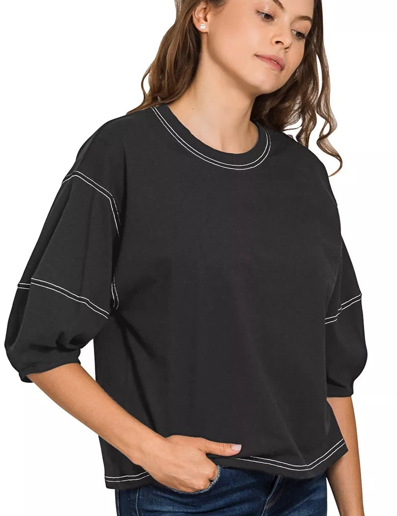 ZENANA Balloon Sleeve Top with Contrast Stitching on Simply Obsessed