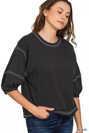 ZENANA Balloon Sleeve Top with Contrast Stitching on Simply Obsessed