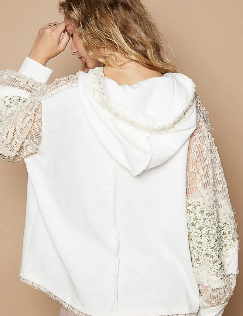 POL Star Patch Lace Contrast Long Sleeve Hooded Top on Simply Obsessed