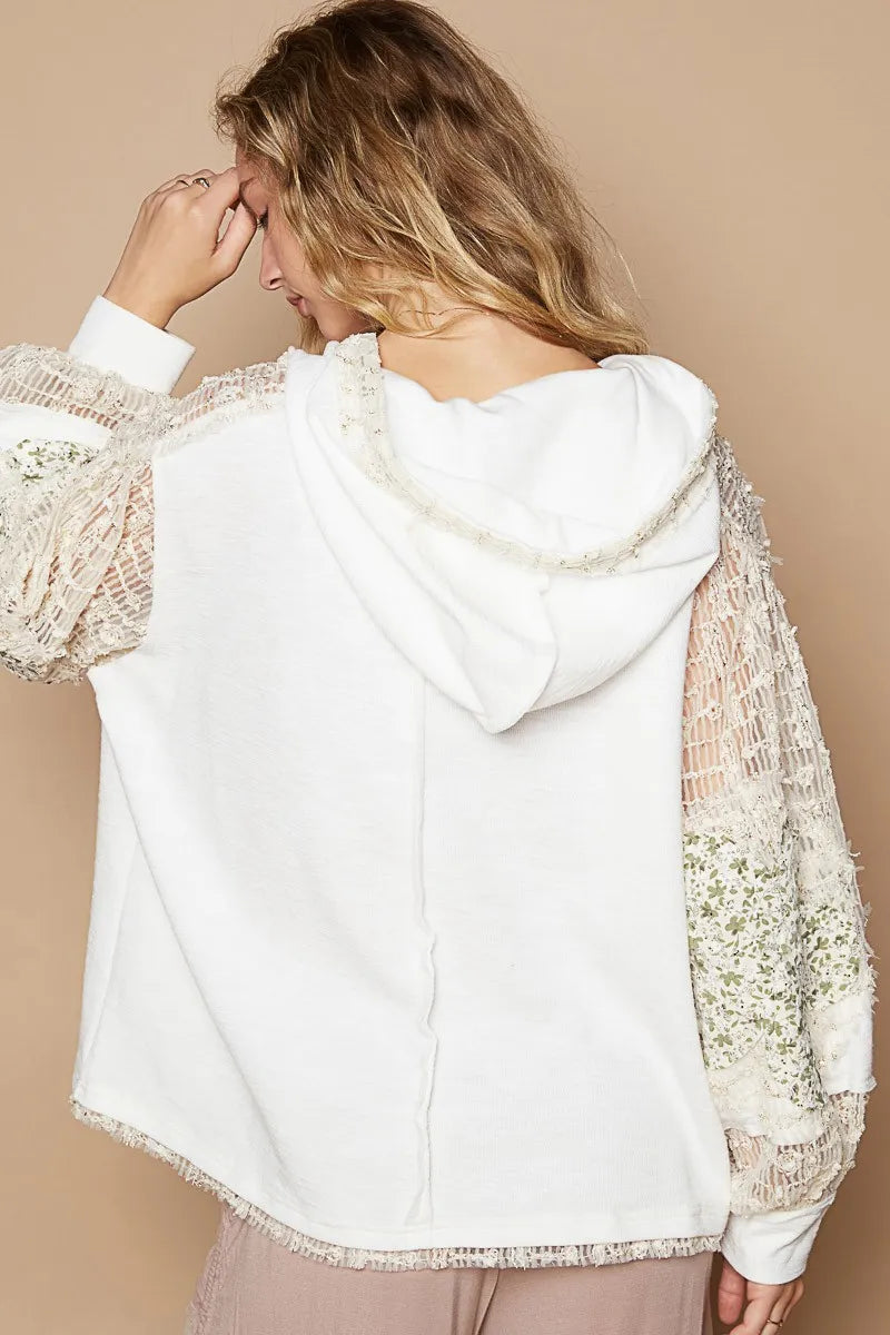 POL Star Patch Lace Contrast Long Sleeve Hooded Top on Simply Obsessed