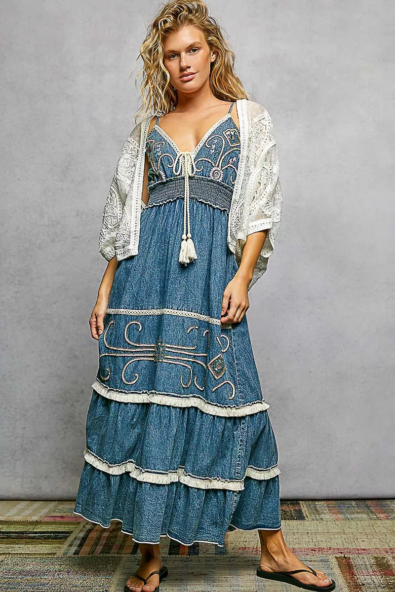 POL Open Front Crochet Cardigan with Floral Embroidery on Simply Obsessed