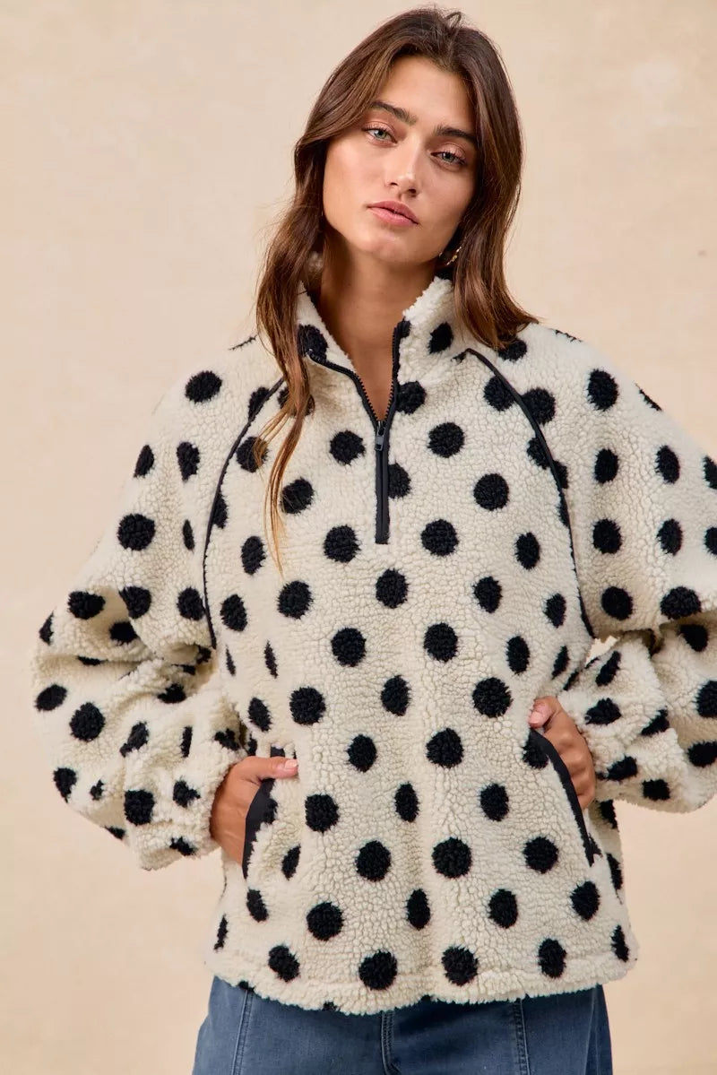 BIBI Polka Dot Sherpa Half Zip Up Top with Side Pocket on Simply Obsessed