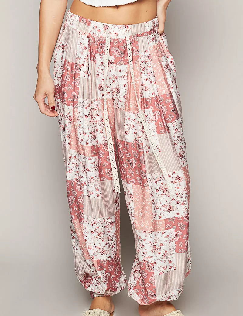 POL Drawstring Floral Patchwork Wide leg Pants on Simply Obsessed