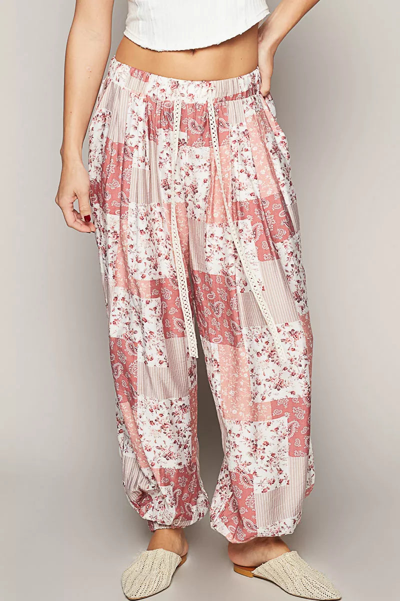 POL Drawstring Floral Patchwork Wide leg Pants on Simply Obsessed