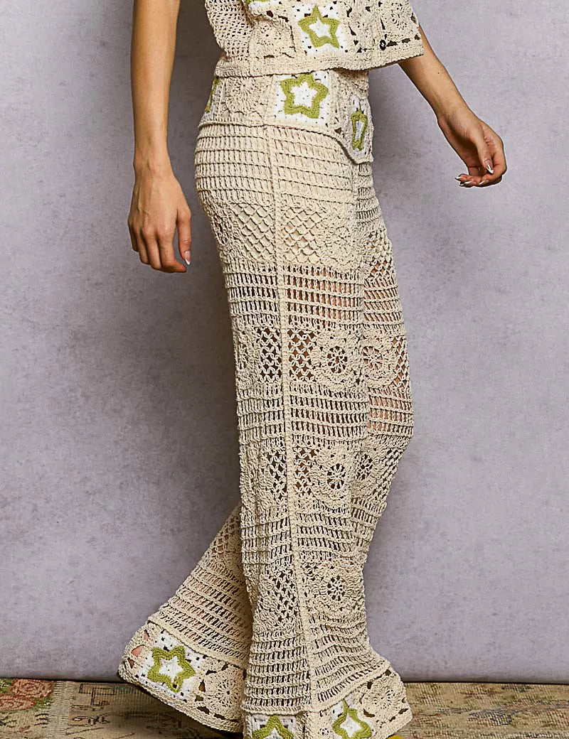 POL Openwork Crochet Flare Pants with Contrast Star on Simply Obsessed