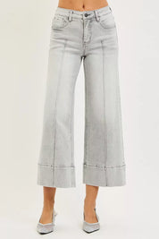 RISEN Tummy Control Mid Rise Crop Wide Pintuck Front Jeans on Simply Obsessed
