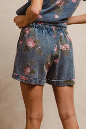 BiBi Floral Printed Denim Short Pants With Pocket on Simply Obsessed