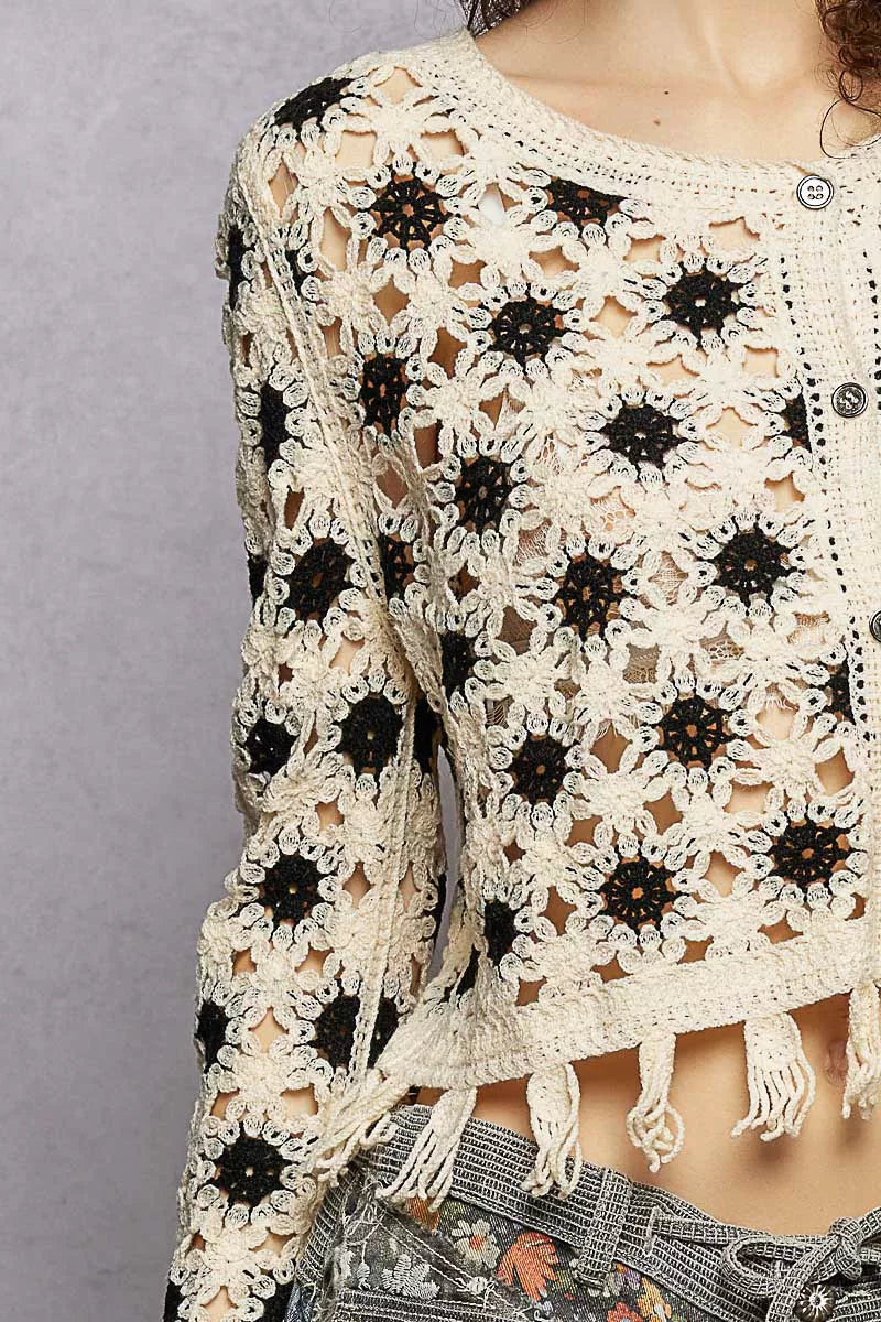 POL Openwork Floral Crochet Cardigan with Tassel Hem on Simply Obsessed