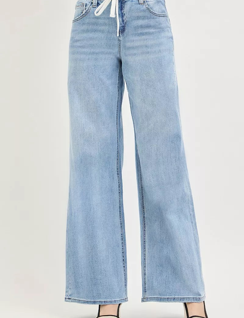 RISEN Elastic Band Slouchy Wide Jeans with Drawstring on Simply Obsessed