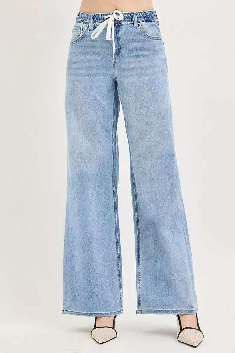 RISEN Elastic Band Slouchy Wide Jeans with Drawstring on Simply Obsessed