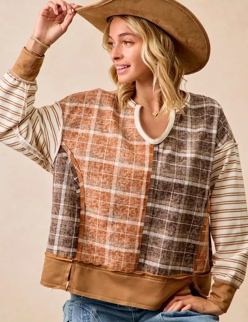 BiBi Plaid And Stripe Mix And Match Top With Open Seam on Simply Obsessed