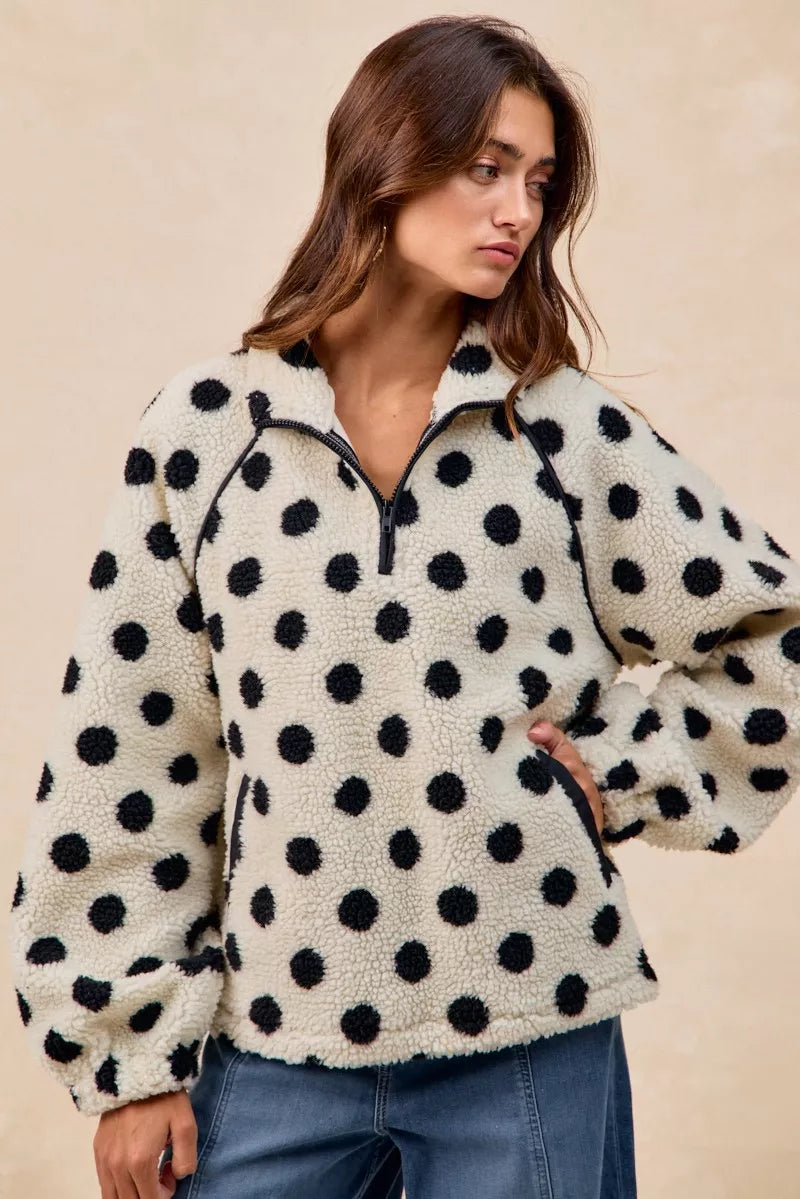 BIBI Polka Dot Sherpa Half Zip Up Top with Side Pocket on Simply Obsessed