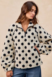 BIBI Polka Dot Sherpa Half Zip Up Top with Side Pocket on Simply Obsessed