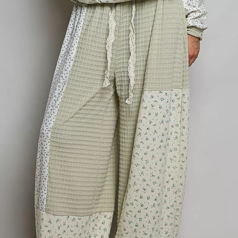 POL Patchwork Mixed Knit Wide Leg Pants on Simply Obsessed