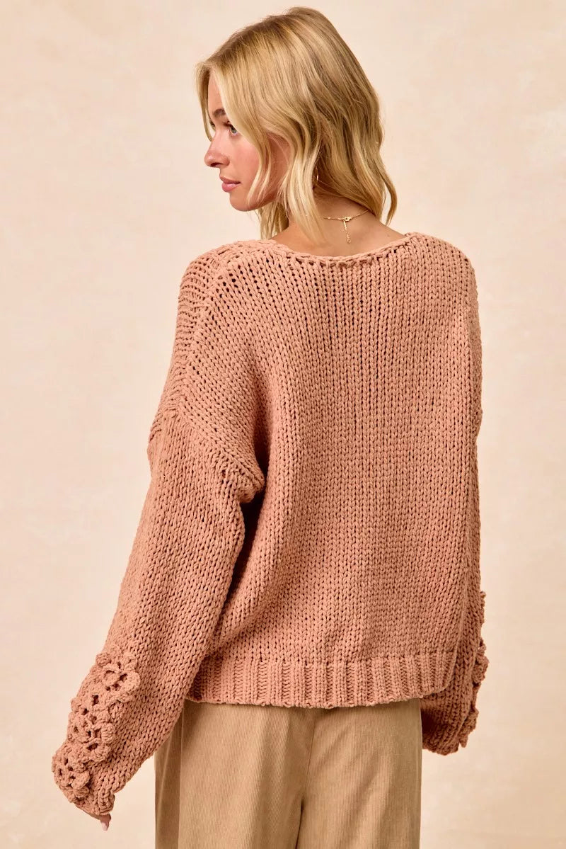 BiBi Chunky Knit Sweater with Flower Detail Sleeves on Simply Obsessed