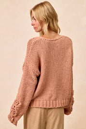 BiBi Chunky Knit Sweater with Flower Detail Sleeves on Simply Obsessed