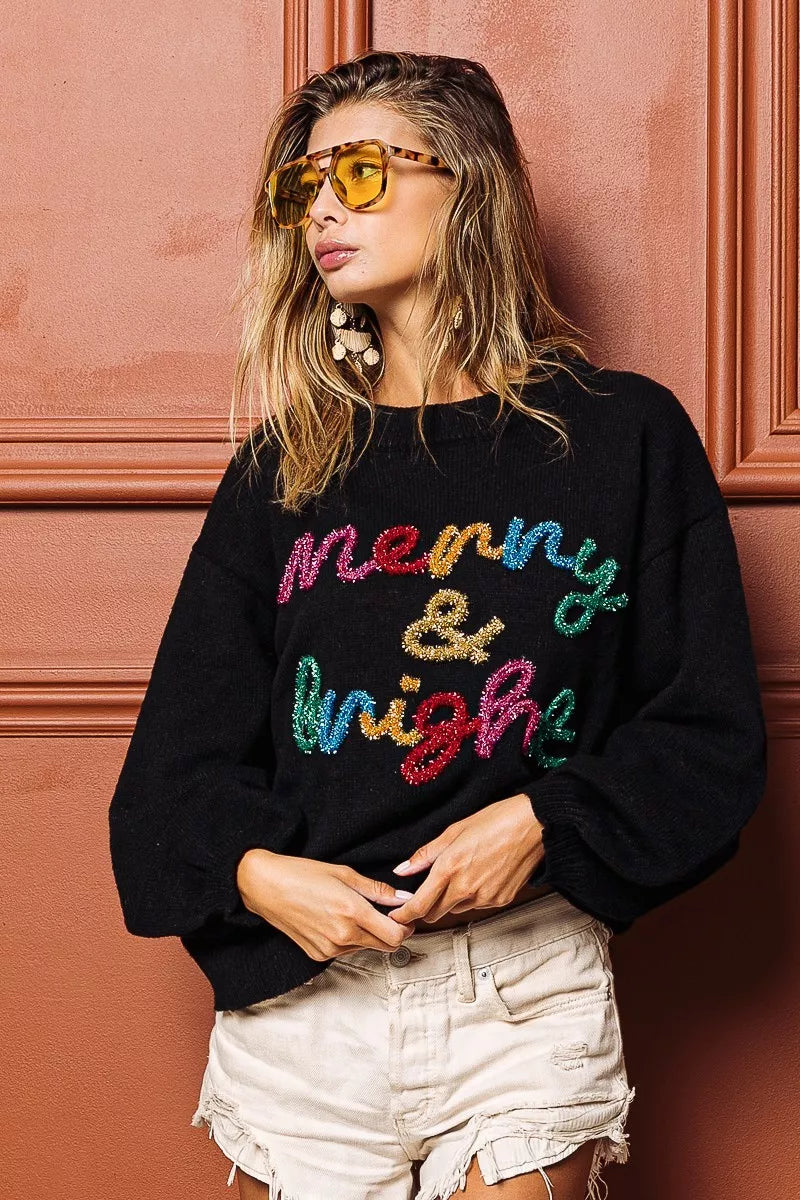 BIBI Tinsel Lettering Christmas Sweater on Simply Obsessed