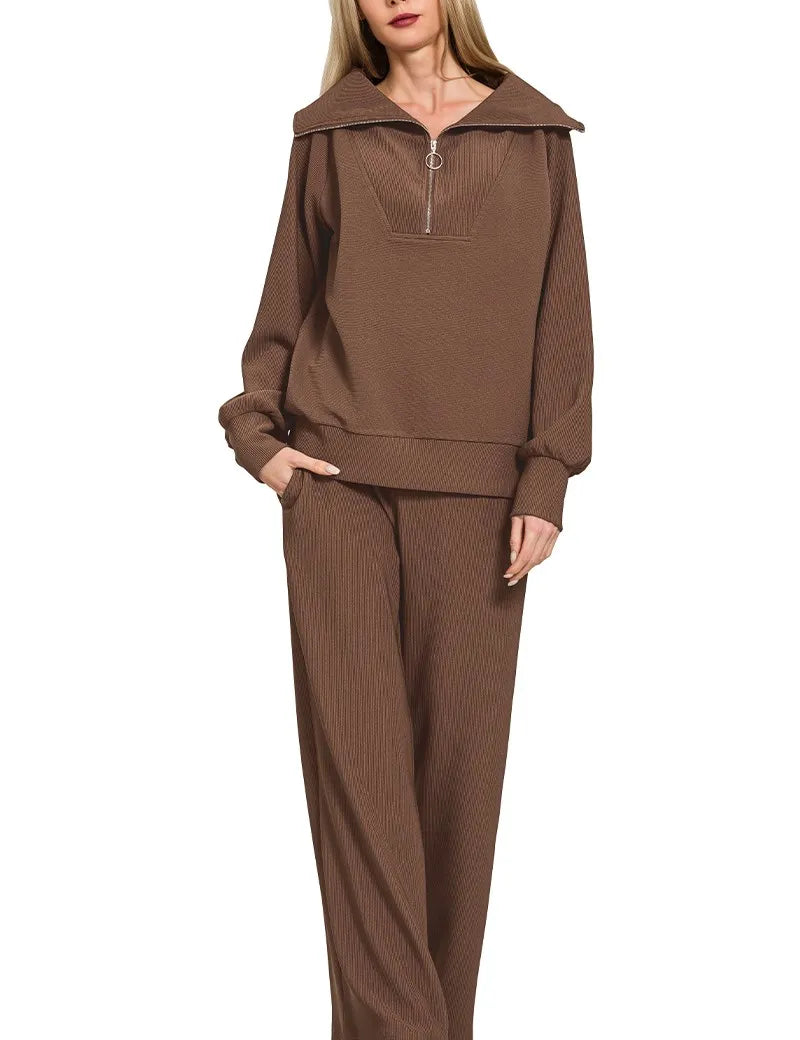 Zenana Ribbed High Neck Half Zip Pullover & Pants Set on Simply Obsessed