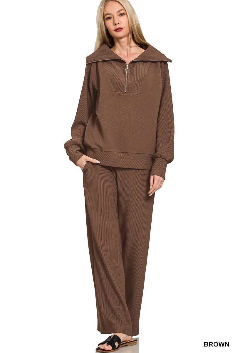 Zenana Ribbed High Neck Half Zip Pullover & Pants Set on Simply Obsessed