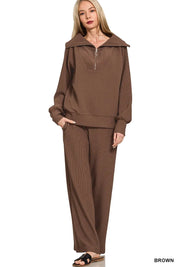 Zenana Ribbed High Neck Half Zip Pullover & Pants Set on Simply Obsessed