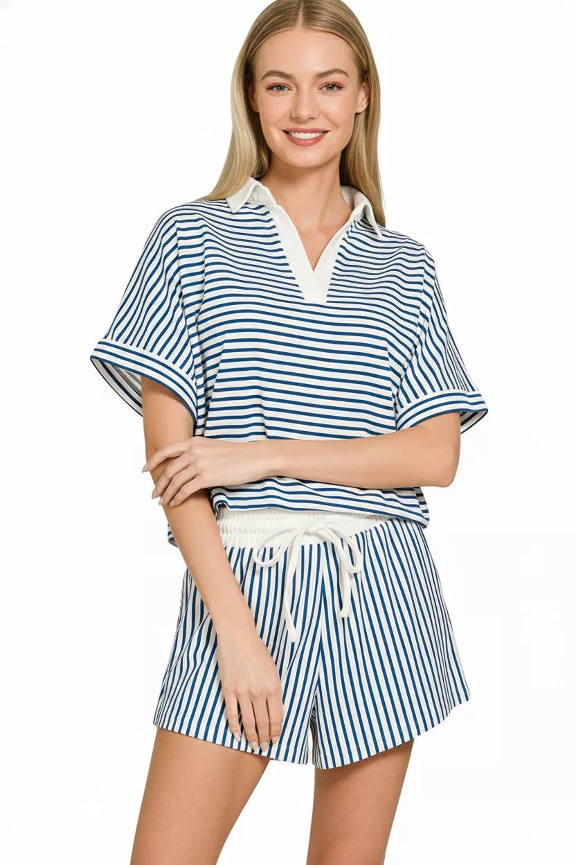 ZENANA Striped Collared Top & Shorts Set **DOORBUSTER** on Simply Obsessed