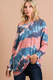 BiBi Tie Dye French Terry Pull Over with Front Stitching Detail on Simply Obsessed