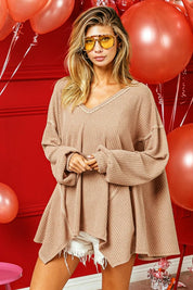 BiBi V-Neck Waffle Uneven Hem Top on Simply Obsessed