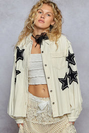 POL Star Patch Raw Hem Button Up Denim Jacket on Simply Obsessed