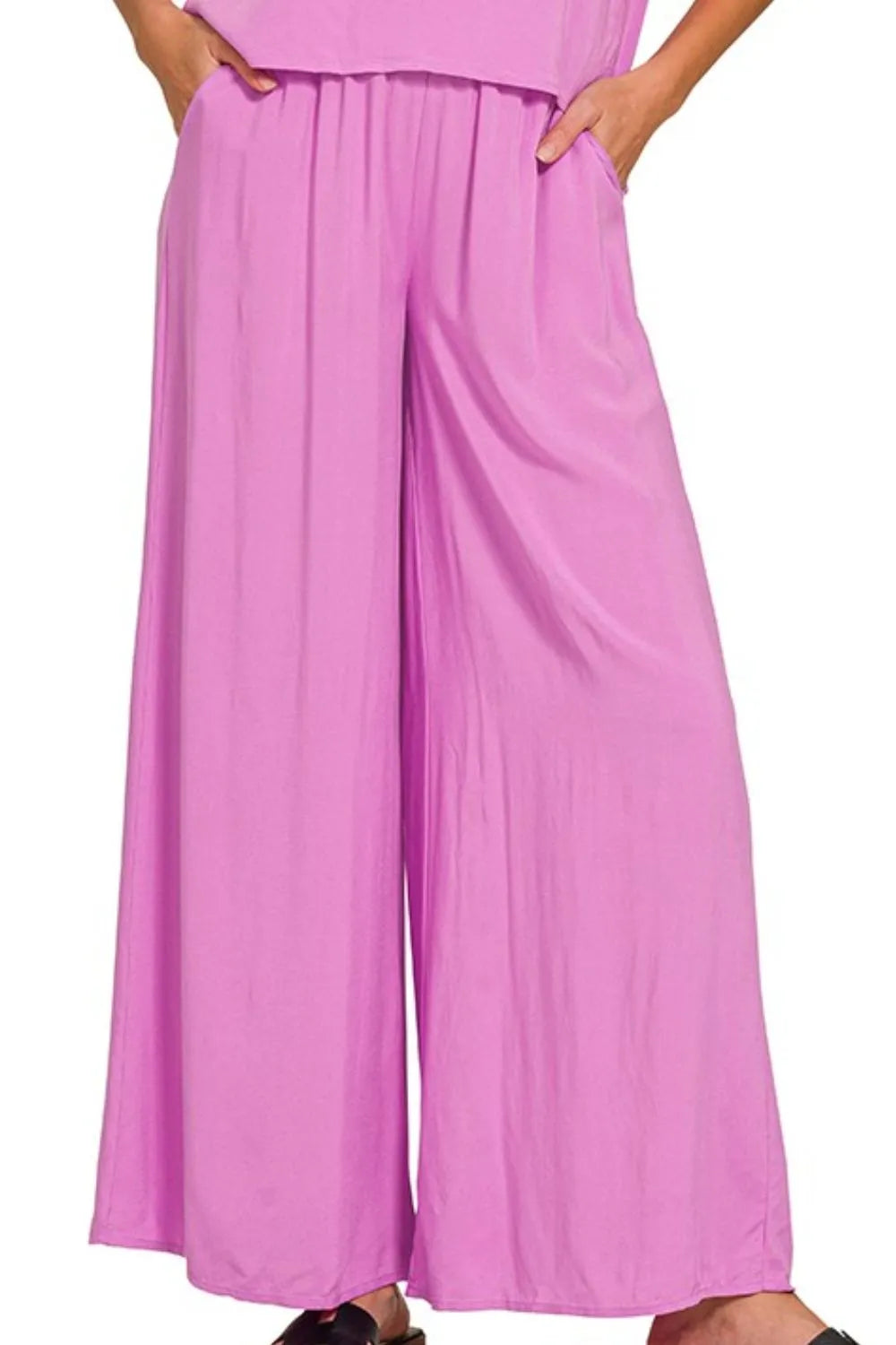 Zenana Round Neck T-Shirt and Wide Leg Pants Set on Simply Obsessed