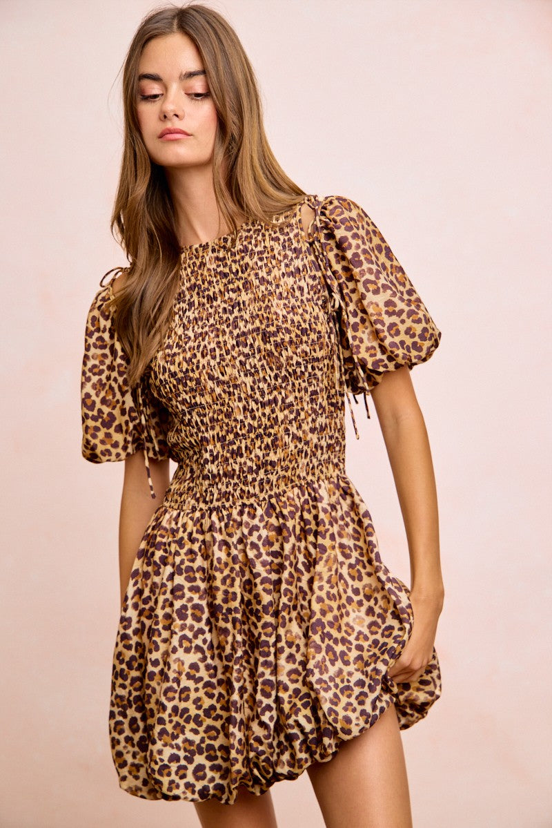 BIBI Leopard Bow Tie Attachable Puff Sleeves Dress on Simply Obsessed
