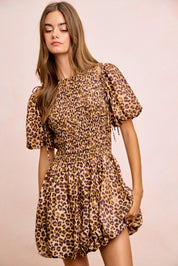 BIBI Leopard Bow Tie Attachable Puff Sleeves Dress on Simply Obsessed