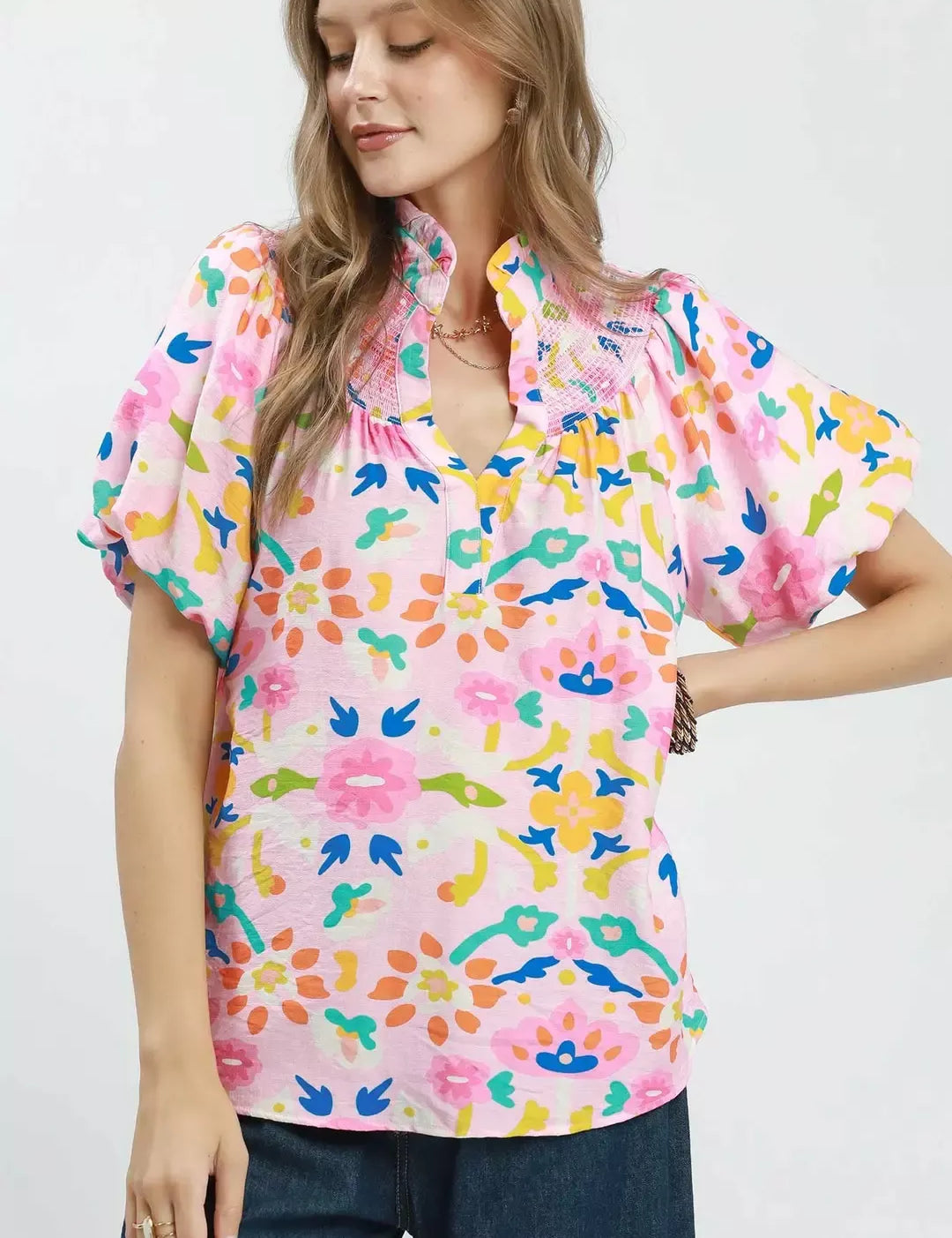 UMGEE Folk Art Print Top with Smocked Detail on Simply Obsessed