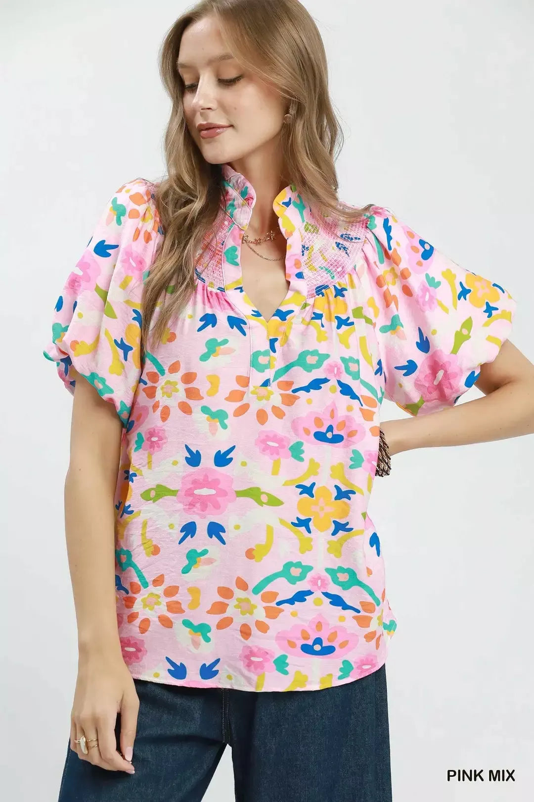 UMGEE Folk Art Print Top with Smocked Detail on Simply Obsessed
