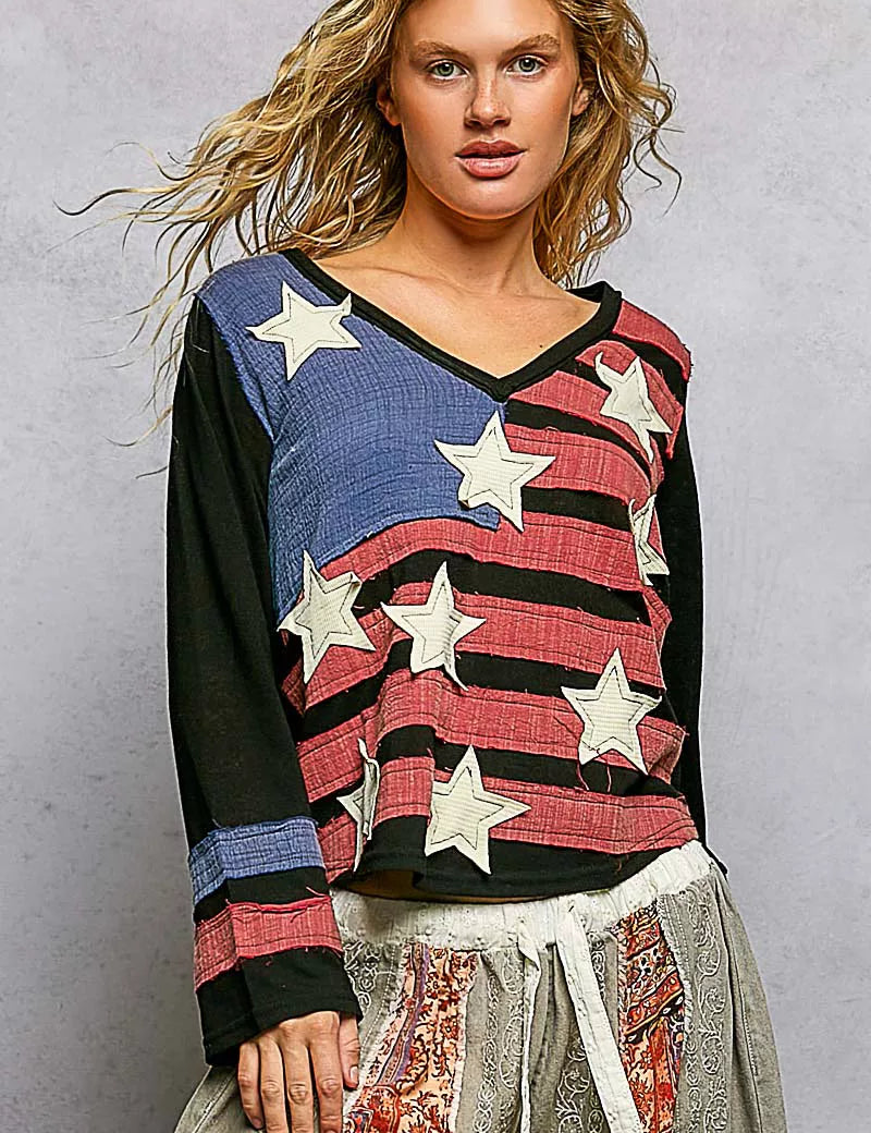 POL Double Gauze American Flag Patch V-Neck Long Sleeve T-Shirt on Simply Obsessed