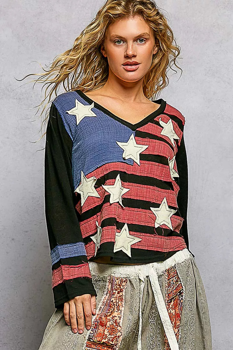 POL Double Gauze American Flag Patch V-Neck Long Sleeve T-Shirt on Simply Obsessed