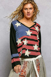POL Double Gauze American Flag Patch V-Neck Long Sleeve T-Shirt on Simply Obsessed