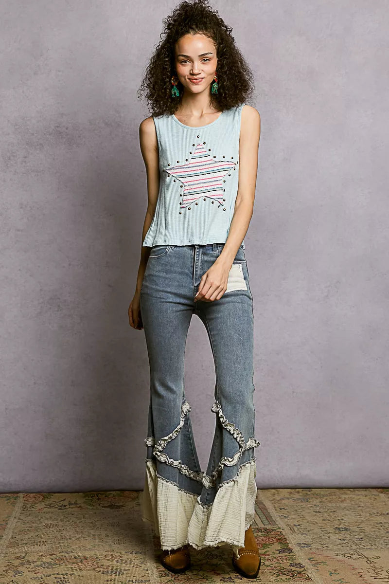 POL Round Neck Stud Point Ribbed Tank with Stripped Star Patch on Simply Obsessed