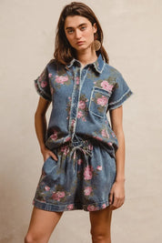 BiBi Floral Printed Denim Short Pants With Pocket on Simply Obsessed