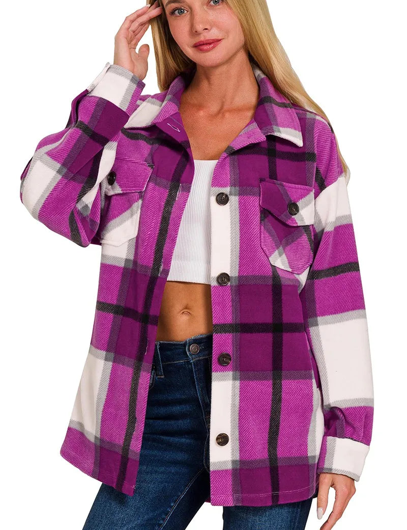Zenana Oversized Plaid Fleece Shacket on Simply Obsessed