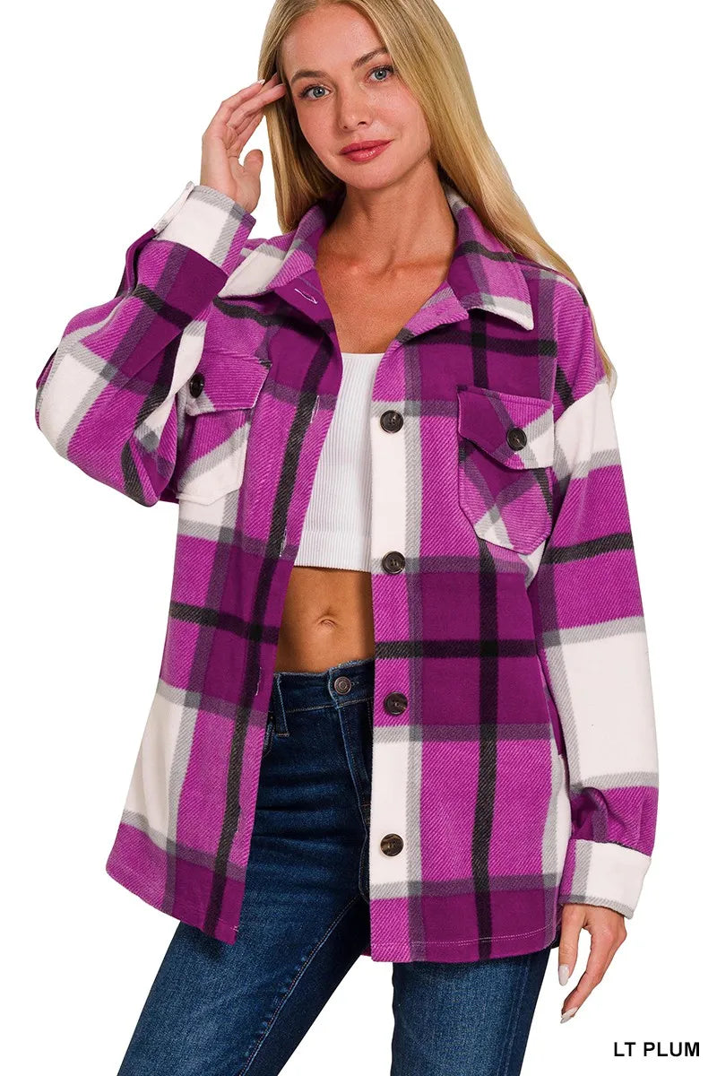 Zenana Oversized Plaid Fleece Shacket on Simply Obsessed